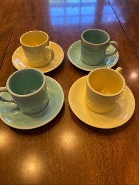 Luray 1939 Green & Yellow Chocolate Cups and Saucers